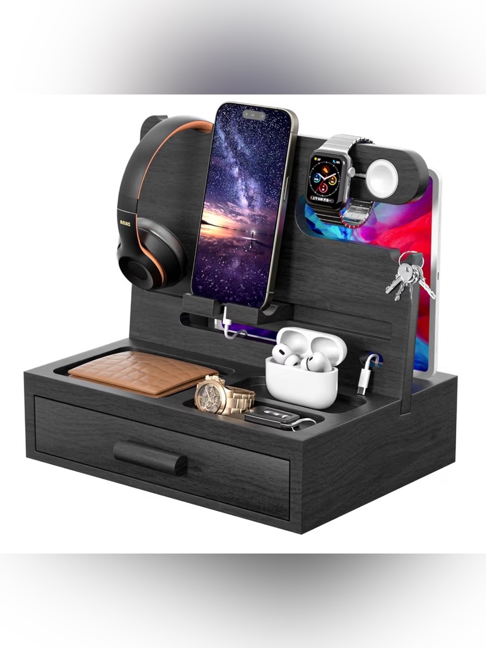 Nightstand Organizer for Men,Phone Docking Station with Cable Management